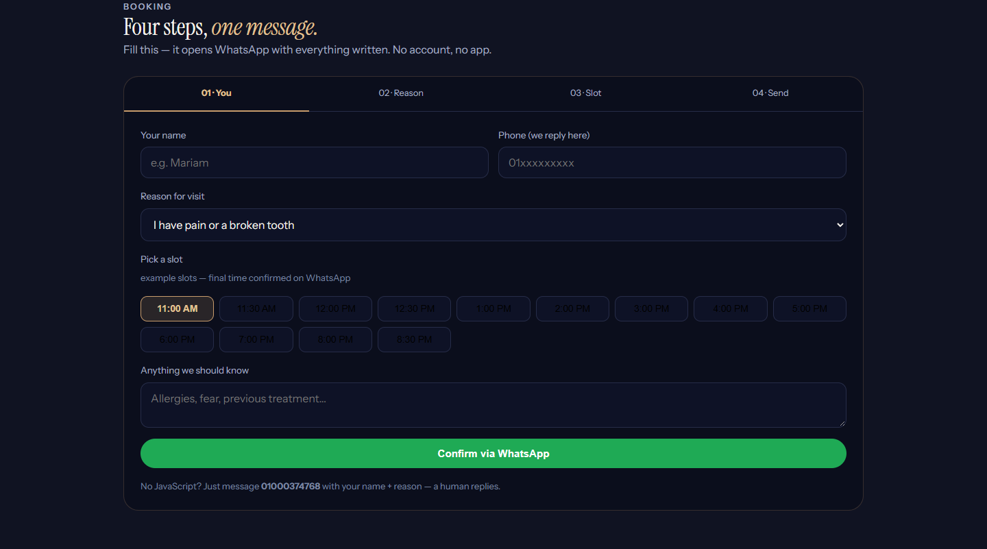 The booking engine: name, phone, reason, a choice of thirteen slots, and a button that opens WhatsApp with the message already written.