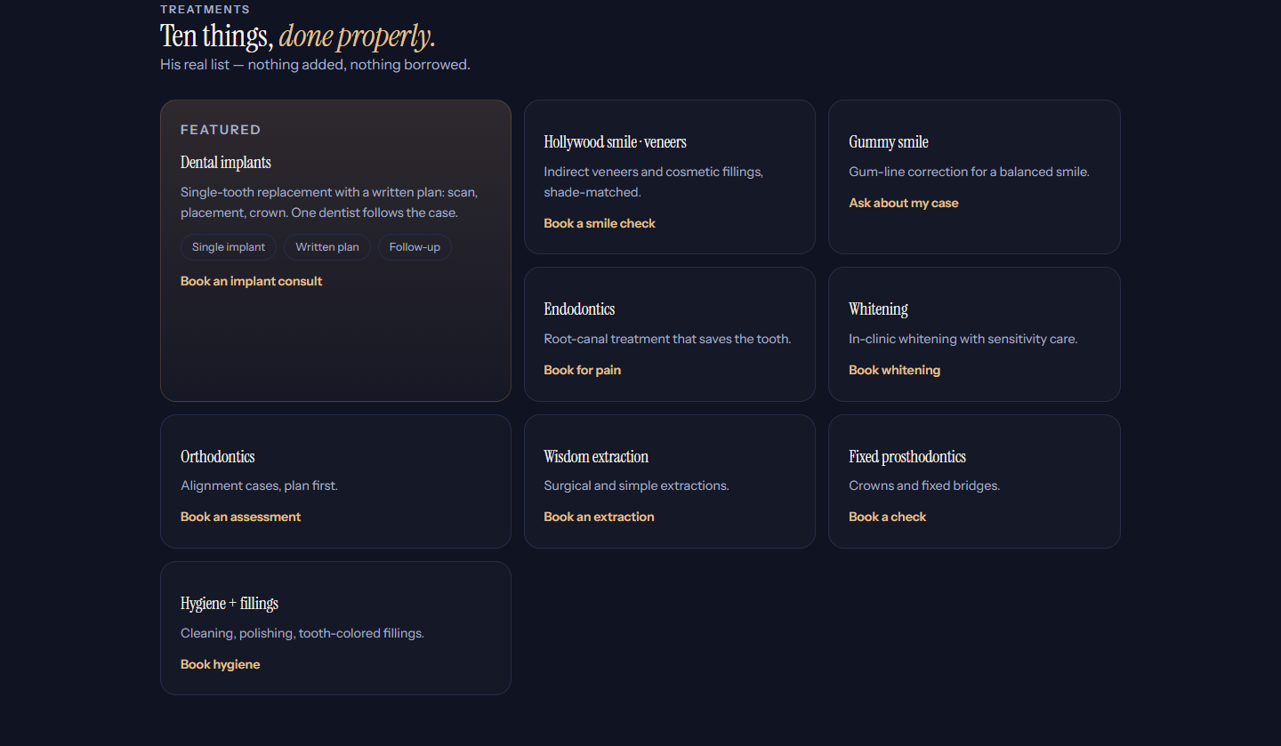 The treatments section of the clinic site we built: the clinic's ten real services as cards, led by dental implants.