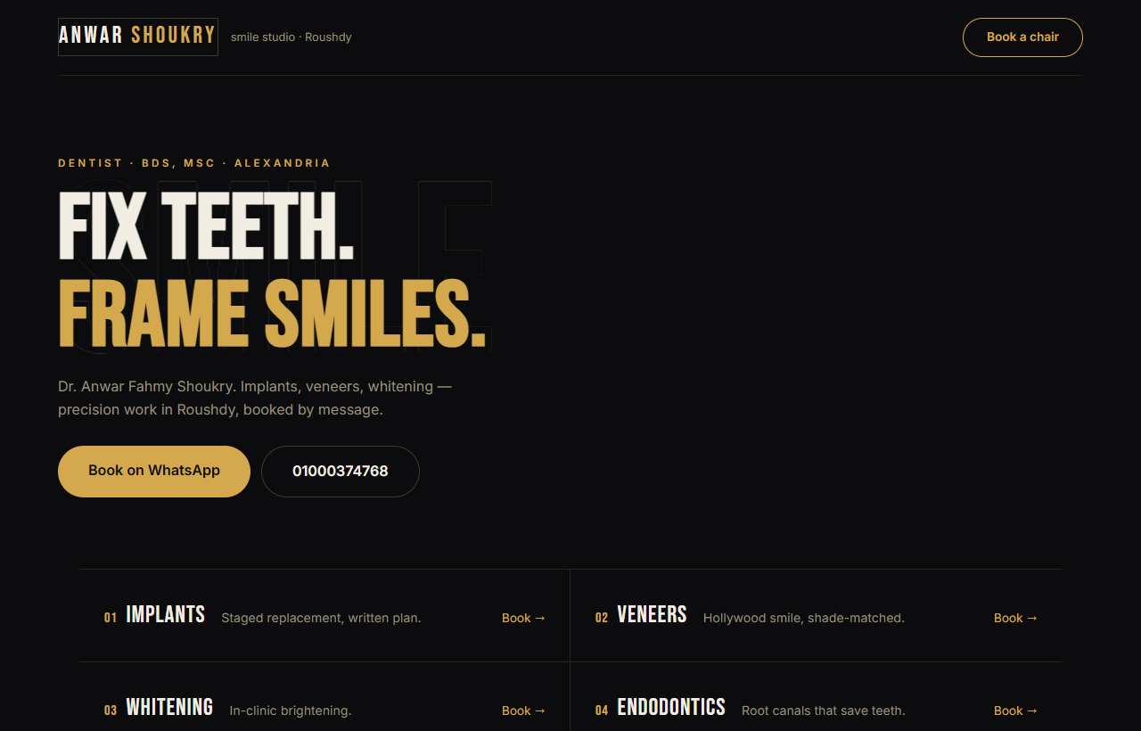 Dark editorial design direction with a gold accent.